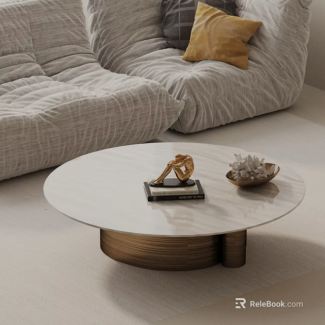 Gray Pleated Sofa And Round Coffee Table White Marble Top Gold Base With Sculpture Books 3d model 
