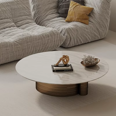 Gray Pleated Sofa And Round Coffee Table White Marble Top Gold Base With Sculpture Books 3d model