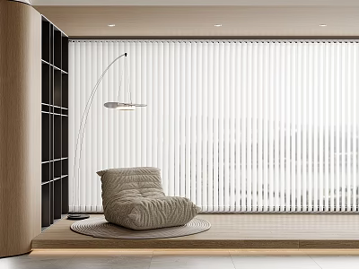 Modern Living Room Interior With White Vertical Blinds Cozy Chair And Floor Lamp 3d model