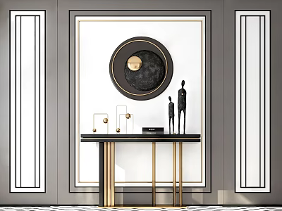 Modern Console Table With Circular Art Decorative Figurines And Gold Accents 3d model