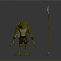 Standing Green Smiling Muscular Frog Character With Wooden Spear And Blue Crystal
