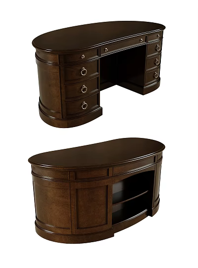 Traditional Dark Brown Wooden Desk With Curved Top And Storage Drawers 3d model