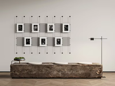 Rustic Wooden Public Bench With Wall Photos And Floor Lamp In Indoor Space 3d model