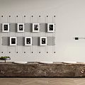 Rustic Wooden Public Bench With Wall Photos And Floor Lamp In Indoor Space