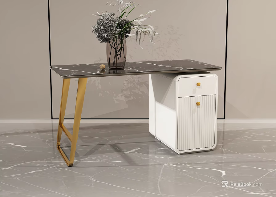 Modern Desk with Marble Top Gold Legs and White Drawer Cabinet with Vase 3d model 