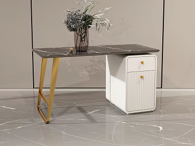 Modern Desk with Marble Top Gold Legs and White Drawer Cabinet with Vase 3d model