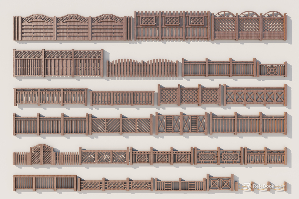 Various Wooden Railing Styles With Decorative Patterns For Outdoor Spaces 3d model 