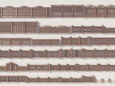 Various Wooden Railing Styles With Decorative Patterns For Outdoor Spaces 3d model