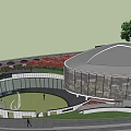 Modern Garden Landscape With Circular Building Surrounding Trees Pathways And Green Lawn