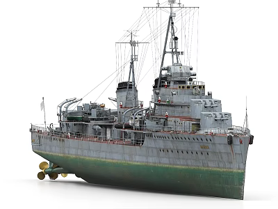Detailed Vintage Warship With Gray Green Hull Masts And Deck Weapon Systems 3d model