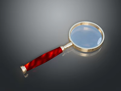 Red Handle Golden Frame Round Lens Magnifying Glass as Daily Living Supply on Dark Background 3d model