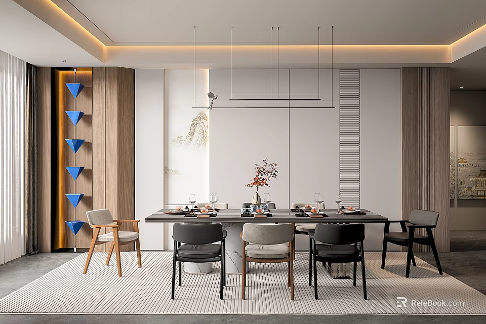 Elegant Modern Restaurant Interior With Dining Table Chairs Pendant Lights Wooden Walls And Decorative Art 3d model 