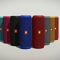 Vibrant Cylindrical Speakers with Multiple Colors Arranged in Arc and Brand Logo