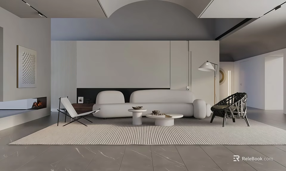 Modern Neutral Tone Minimalist Living Room Interior With Soft Curved Sofa And Stylish Leisure Chairs 3d model 