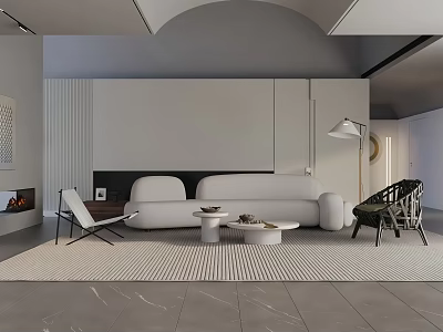 Modern Neutral Tone Minimalist Living Room Interior With Soft Curved Sofa And Stylish Leisure Chairs 3d model