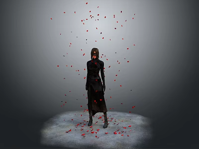 A woman in black standing with red petals falling around on gray background under spotlight 3d model