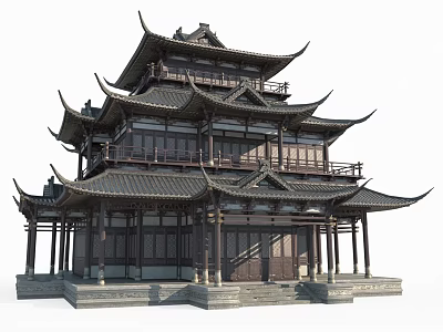 Ancient Chinese Architecture Traditional Wooden Structure With Multi Layered Roofs And Overhanging Eaves 3d model