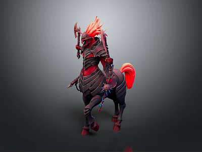 Mythical Centaur Like Creature With Red Black Armor Flaming Mane And Tail Holding Weapon 3d model