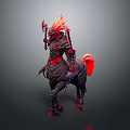 Mythical Centaur Like Creature With Red Black Armor Flaming Mane And Tail Holding Weapon