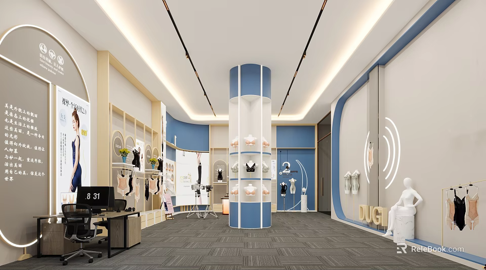 Modern Clothing Store Interior With Blue White Pillars Display Racks And Mannequins 3d model 