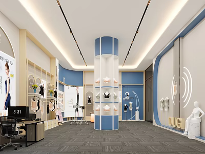 Modern Clothing Store Interior With Blue White Pillars Display Racks And Mannequins 3d model