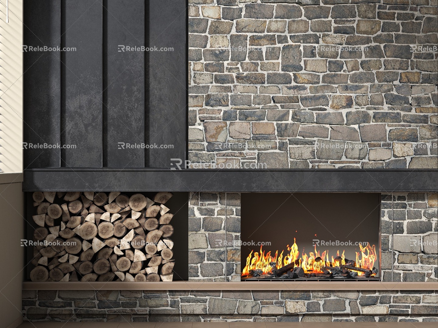 Quiet fireplace stone wall background wall firewood pile firewood 3d model