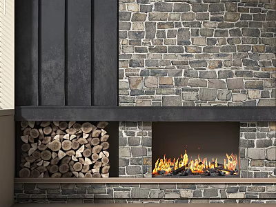 Cozy Fireplace With Burning Fire And Firewood Stack On Stone Wall 3d model