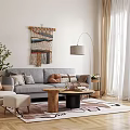 Cozy Living Room Interior With Macrame Wall Hanging Floor Lamp Gray Sofa And Coffee Tables
