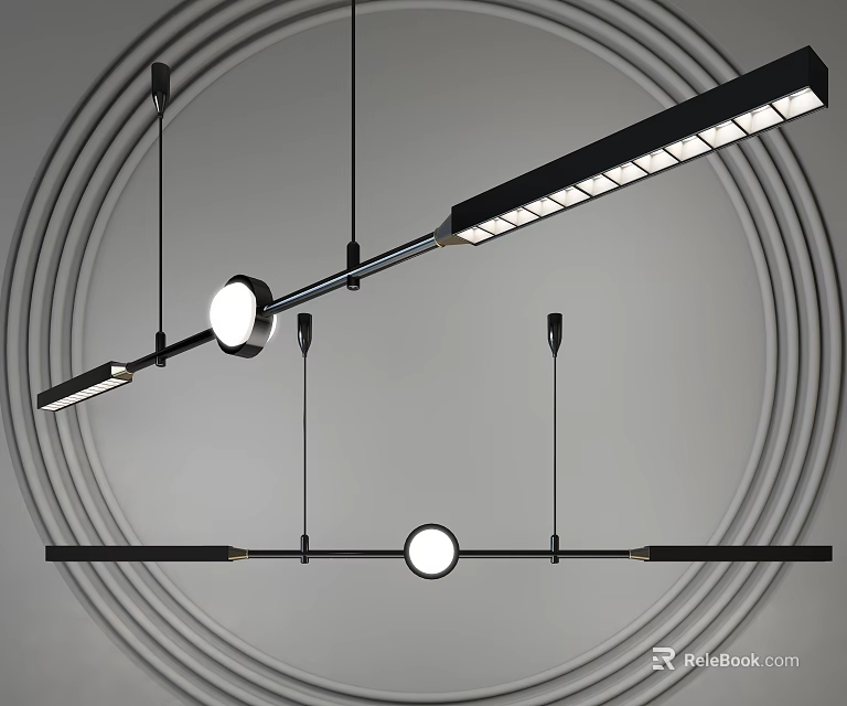 Modern Black Metal Chandeliers With Long Rectangular And Circular Light Design 3d model