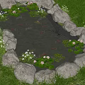 Circular Stone Garden Pond With Water Lilies Koi Fish Rocks White Flowers And Green Grass