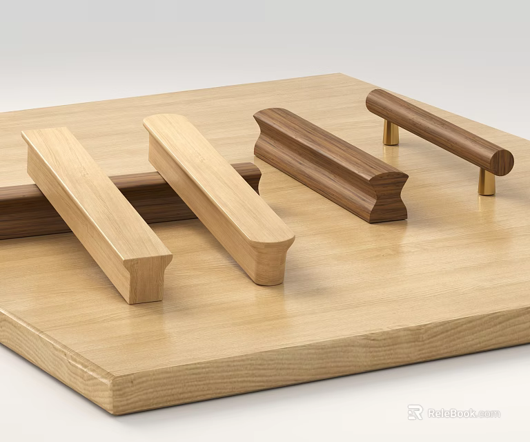 Wooden Cabinet Handles Featuring Various Styles And Metal Accents On Wooden Platform 3d model 