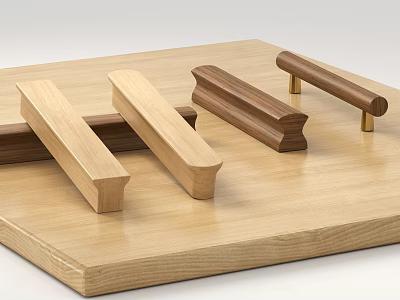 Wooden Cabinet Handles Featuring Various Styles And Metal Accents On Wooden Platform 3d model