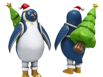 Adorable Festive Penguin Doll Wearing Santa Hat Carrying Small Christmas Tree 3d model