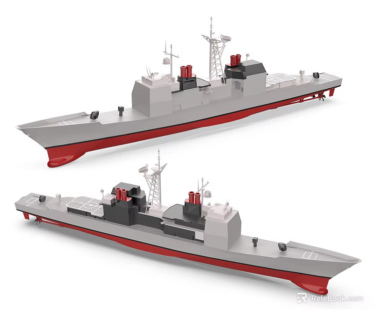 Two Modern Warship Models With Gray Hull Red Bottom And Detailed Upper Structure 3d model 