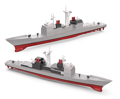 Two Modern Warship Models With Gray Hull Red Bottom And Detailed Upper Structure 3d model