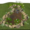 Water Fountain in Green Lawn with Stone Edging Water Lilies Small Fish and White Flowers