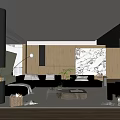 Modern Living Room Interior With Black Sofa Marble Accent Wall Wooden Elements And Floor Lamp