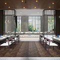 Elegant Restaurant Interior With Wooden Wall Shelves Large Windows Round Pendant Lights And Dining Tables