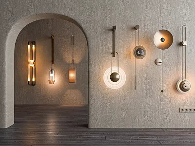 Modern Stylish Wall Lamps With Various Designs And Warm Lighting On Beige Wall 3d model