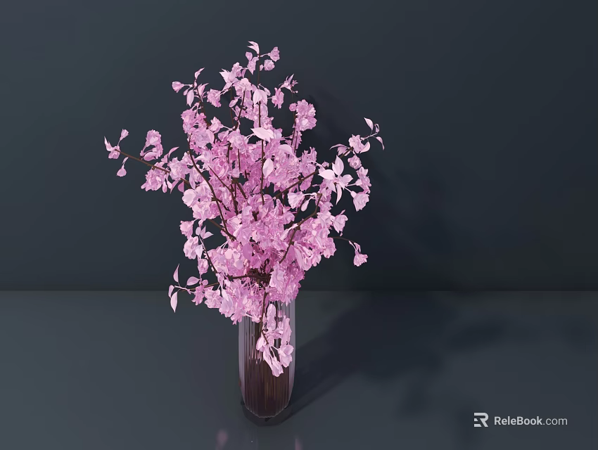 Transparent Glass Vase With Fresh Pink Cherry Blossoms On Dark Background 3d model 