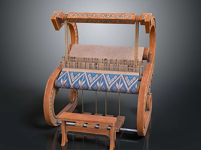 Traditional Wooden Loom With Handwoven Blue Geometric Pattern Fabric For Home Use 3d model