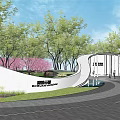 Modern Garden Landscape Design Featuring Curved White Architecture Trees And Water Elements 3d model