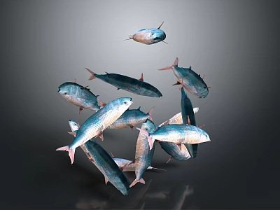 School of Silver Blue Fish Swimming in Dynamic Arrangement on Dark Background 3d model