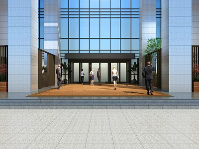 Modern Office Building Entrance Gate with Glass Curtain Wall and People Entering Exiting 3d model