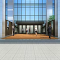 Modern Office Building Entrance Gate with Glass Curtain Wall and People Entering Exiting