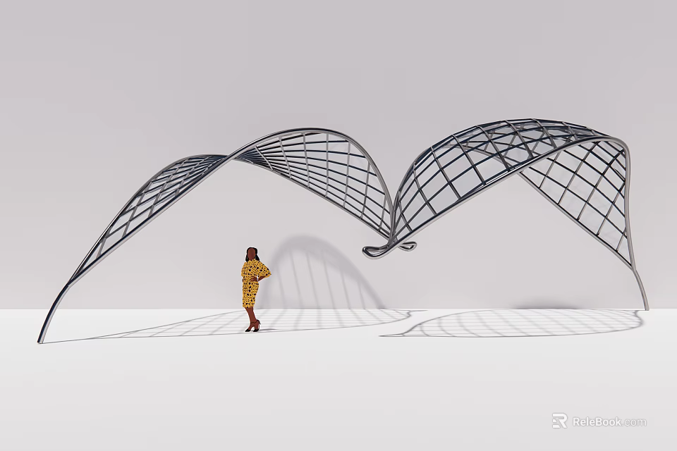 Modern Curved Pergola With Black Metal Grid Structure And Shadow Effects 3d model 