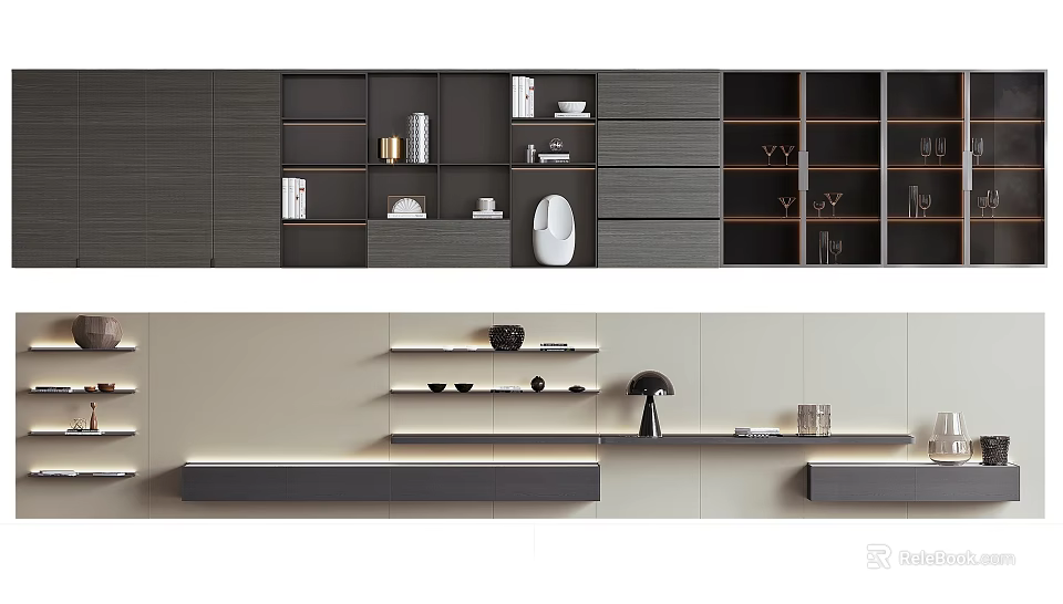 Modern Bookcase With Sleek Gray Finish Open Shelves And Storage Drawers Design 3d model 