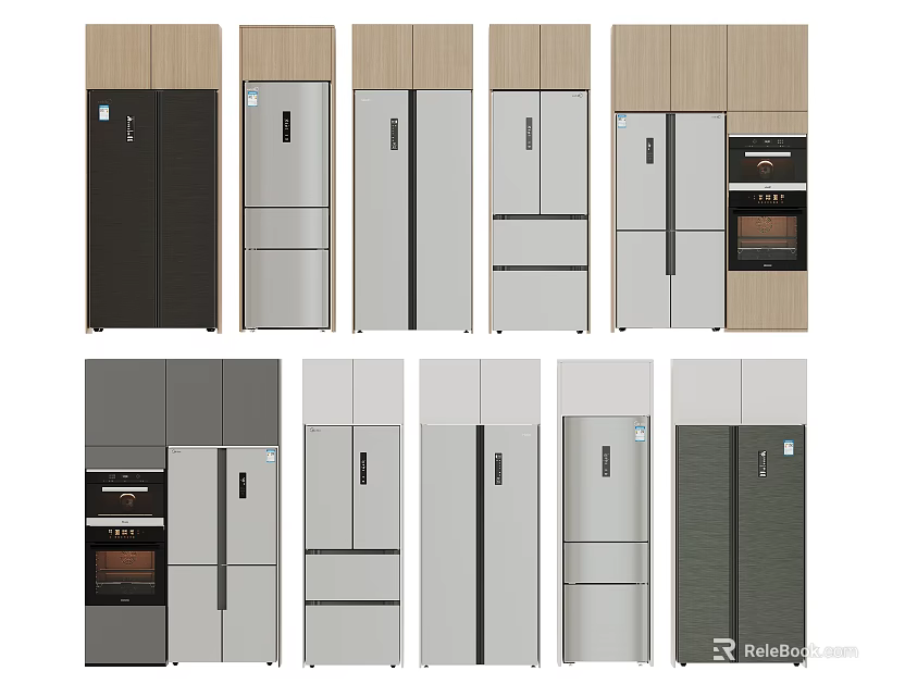 Modern Style Refrigerators and Freezers with Various Color Options and Door Designs 3d model 