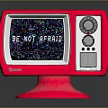 Vintage Red Chesstar Electronic Appliance With Screen Displaying BE NOT AFRAID Knobs And Stand
