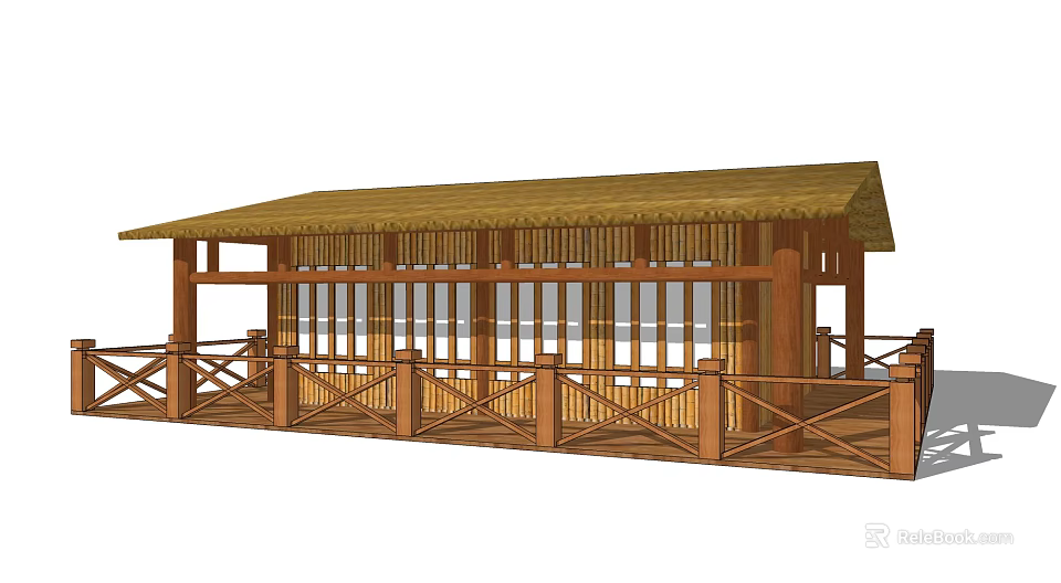 Detached Villa Featuring Thatch Roof Wooden Structure Open Design and Wooden Railing 3d model 